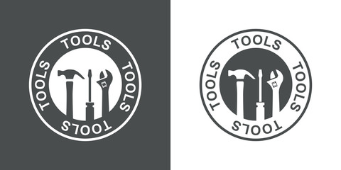 Logotipo con texto TOOLS en círculo con herramientas en gris y blanco