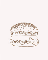 Vintage sketch of hamburger, graphical vector illustration, fast food