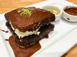 Flowing Chocolate Sauce from the Cake with Ice Cream / Brownie