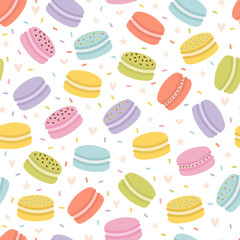 Cute seamless pattern with french macaroons. Hand drawn background with sweet delicious desserts. Fresh bakery