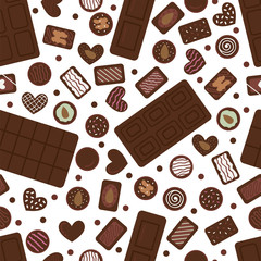 Fototapeta na wymiar Cute seamless pattern with hand drawn chocolate candies and bars. Cartoon sweet background. Assorted of sweetmeat. Food desserts
