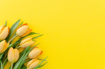 Festive summer background top view of a bouquet of fresh yellow tulip flowers, copy space