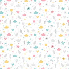 Hand drawn seamless pattern with flowers, stars, hearts and clouds. Modern stylish texture. Great for birthday, fabric, textile, cards, wrapping
