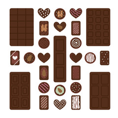 Set of different chocolate bars and candies. Chocolate desserts for coffee break