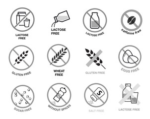 Lactose free, gluten, wheat, sugar and salt free icons. A set of icons ready to use in your design. Vector icons can be used on different backgrounds. EPS10.