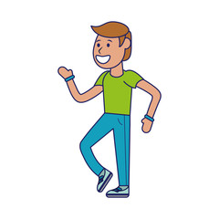 Fitness man dancing cartoon blue lines