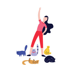 Woman doing exercises surrounded by many cats flat cartoon style