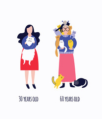 Comparison of standing young and old cat ladies flat cartoon style