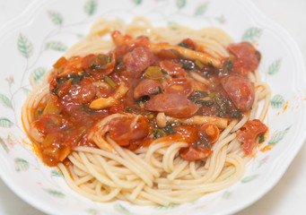 Angel Hair Pasta with tomato Sauce, Garlic and sausage