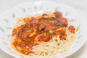 Angel Hair Pasta with tomato Sauce, Garlic and sausage