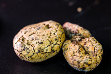Untreated cocoa beans on black background, close up, macro