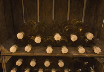 Wine bottles in wine crate, self brewed close-up