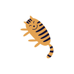 Cute smiling tabby red cat lying on its side flat cartoon style