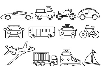 thin line icons set,transportation,Airplane,Car,Truck,Bus,Train,Bicycle,Car front,Motorcycle,Pickup truck,Boat,vector illustrations