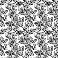 Seamless flower pattern. Silver jasmine flowers on a white background. Hand pencil drawing. Design for textiles and fabrics. Silver flowers and leaves