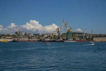 Fototapeta premium Ships at the military port of Sevastopol on May 9