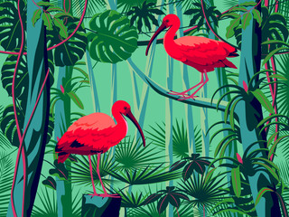 Fototapety  Scarlet Ibis birds in the thickets of a flowering rainforest.