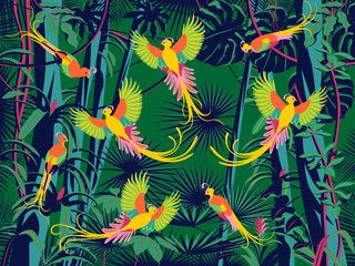 Birds of paradise fly in the flowering rainforest.