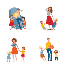 Vector parenting problem big family tired parents