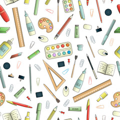 Vector seamless pattern of colored stationery, office or school supplies. Repeat background with isolated colorful pen, pencil, ruler, glue, paint, brush, pushpin, binder, paper clip, eraser, stamp