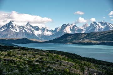 Fototapeta na wymiar Panoramic View of Torres Del Paine National Park in the Patagonia Region of Southern Chile 