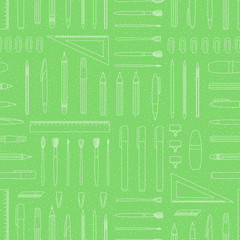 Vector seamless pattern of stationery, office or school supplies, writing materials. Geometric repeat background with isolated white pen, pencil, ruler on green background