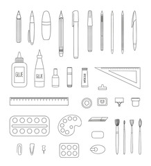 Vector set of black stationery, writing materials, office or school supplies isolated on white background. Monochrome pack of monochrome pen, pencil, ruler, glue, paint, brush, pushpin, binder,
