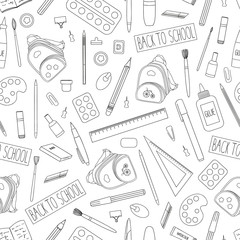 Vector seamless pattern of black and white stationery, office or school supplies. Back to school repeat background with isolated monochrome backpack, pen, pencil, ruler, glue, paint, brush, book