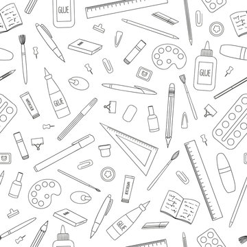 Vector seamless pattern of black and white stationery, office or school supplies. Repeat background with isolated monochrome pen, pencil, ruler, glue, paint, brush