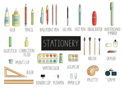 Vector set of colored stationery, writing materials, office or school supplies isolated on white background. Bright pack of pen, pencil, ruler, glue, paint, brush, pushpin.