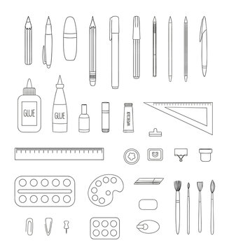 Vector set of black stationery, writing materials, office or school supplies isolated on white background. Monochrome pack of monochrome pen, pencil, ruler, glue, paint, brush, pushpin, binder,