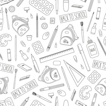 Vector seamless pattern of black and white stationery, office or school supplies. Back to school repeat background with isolated monochrome backpack, pen, pencil, ruler, glue, paint, brush, book