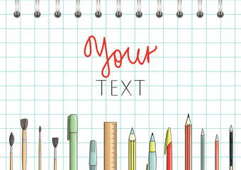 Bright colored stationery, writing materials, office or school supplies elements. Back to school advertisement or banner. Doodle style illustration of pen, pencil, ruler, brush