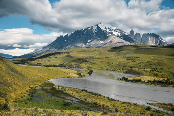 Panoramic View of Laguna Amarga of Torres Del Paine National Park in the Patagonia Region of Southern Chile 