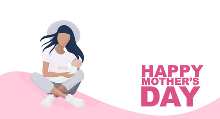 Happy Mother's Day greeting poster, card or banner template with young mom and a baby. Mother Day vector illustration with copy space is great for flyers, tickets, posters, banners.