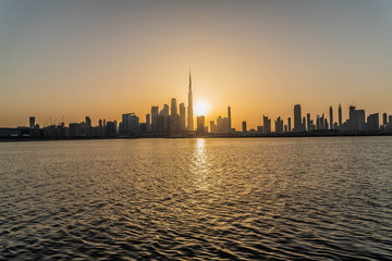 Fototapeta na wymiar Evening view of Dubai City Skyline, Residential and Business Skyscrapers in Downtown, Dubai, UAE