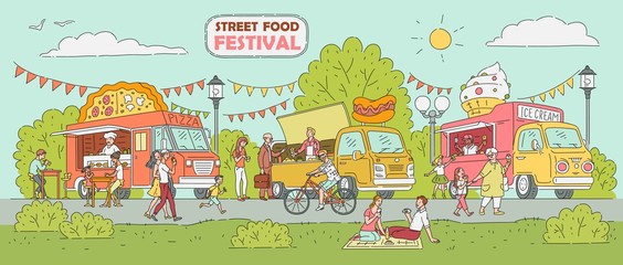 Street food festival - ice cream truck, pizza vendor car, hot dog stand