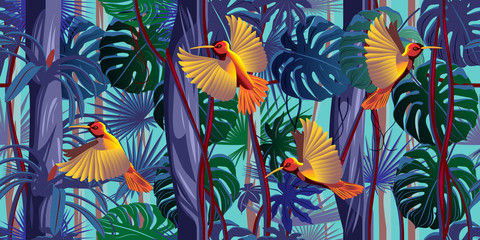 Fototapety  Flying hummingbirds in the thickets of a flowering rainforest.
