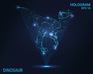 Dinosaur hologram. Holographic projection of a dinosaur. Flickering energy flux of particles. Scientific dinosaur design.