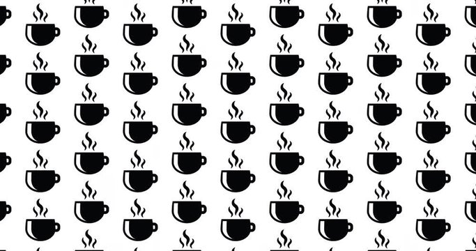 Coffee cup icons background clip motion backdrop video in a seamless repeating loop.  Black and white hot coffee mug caffeine & morning themed pattern background high definition motion video clip
