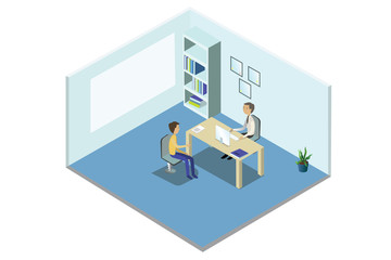 Medical consultation. Isometric interior of doctor office.