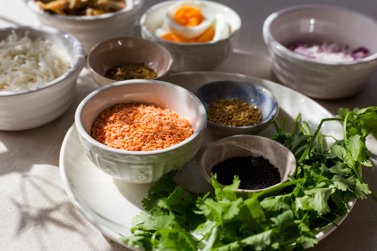Ingredients for an Indian dish of Kitchri with smoked fish.