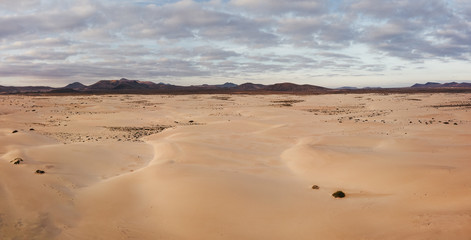 Fototapeta na wymiar High angle, panoramic view of an empty desert at the sunrise with copy space