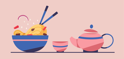 Tasty wok. Chinese cuisine. Flat vector illustration