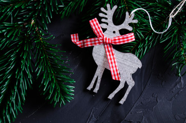 Christmas layout with toys, Christmas tree, tinsel and cocoa