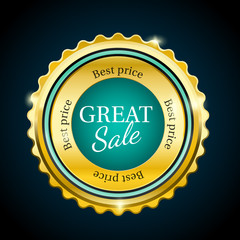 Gold premium great sale badge. Cyan design element.