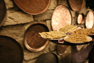 Azerbaijan tea in a glass armudu. Tea with lemon