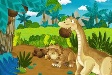 cartoon scene with dinosaur diplodocus or apatosaurus taking down coconuts in the jungle nature background - illustration for children