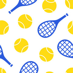 Yellow tennis ball and blue raket pattern isolated on white background. Seamless vector backdrop