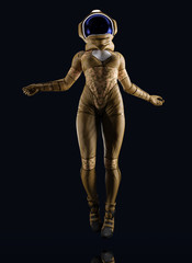 female futuristic astronaut dressed suit with helmet on black background.- 3d render © hutangach
